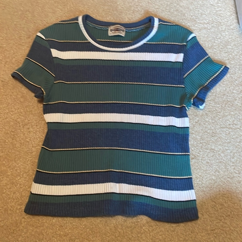 women’s striped tank top green, blue, tan, and white striped short sleeve